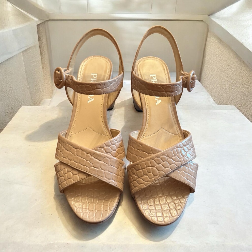 Prada Nude Croc ‘St Cocco’ Crisscross Platform Leather Sandal